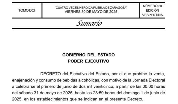 Implementan Ley Seca en Puebla por jornada electoral del 1 de junio